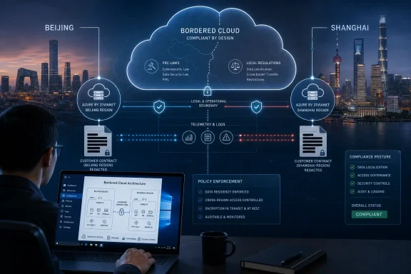 A person monitors a “bordered cloud” compliance diagram linking Beijing and Shanghai systems.