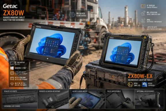 Gloved hands use rugged Getac ZX80W-EX rugged tablets with Windows on a construction site.