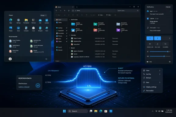 Windows 11-style desktop with Start menu, notifications, and a glowing CPU performance dashboard. Windows 11-style desktop with Start menu, notifications, and a glowing CPU performance dashboard.