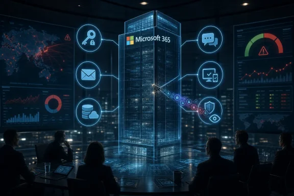 Futuristic office scene with a glowing Microsoft 365 data network overlay connecting cloud and security icons.