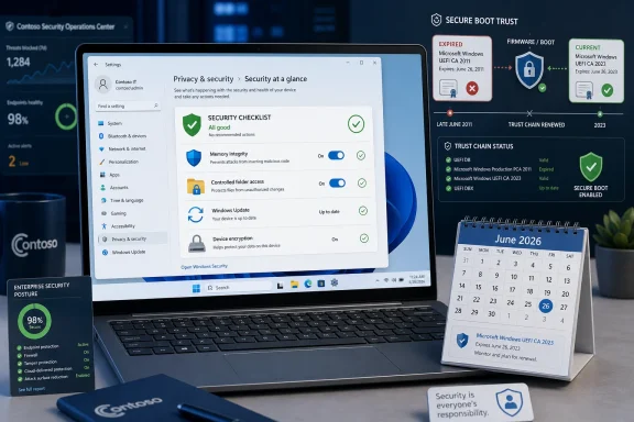 Laptop screen shows Windows security checklist and secure boot trust status alongside a June 2026 calendar.
