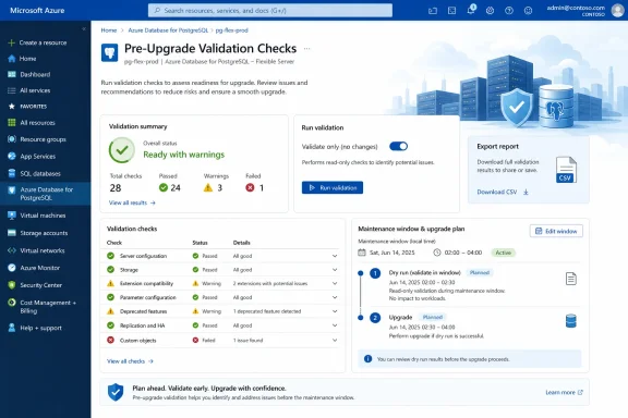 Azure Portal screen shows PostgreSQL pre-upgrade validation checks with readiness status and warnings/errors.