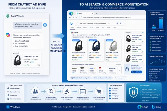 Diagram showing a shift from chatbot ads to AI search and commerce monetization with product ads on Bing.