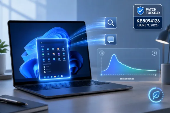 Laptop UI shows cloud icons, search and chat overlays, and analytics graph in a tech “Patch Tuesday” graphic. Laptop UI shows cloud icons, search and chat overlays, and analytics graph in a tech “Patch Tuesday” graphic.