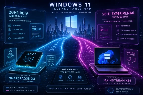 Futuristic “Windows 11 Release Lanes Map” graphic for 26H1 beta and experimental builds on ARM and X86 devices.