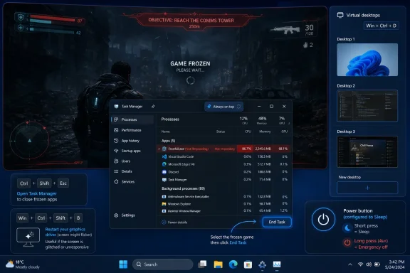Screenshot shows a game frozen message with Windows Task Manager open and virtual desktop shortcuts on the right.