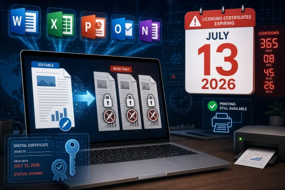 Laptop displays expiring licensing certificates for July 13, 2026 with countdown and digital document icons.