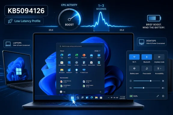 Futuristic Windows laptop UI with CPU boost/low-latency indicators and power-saving toggles. Futuristic Windows laptop UI with CPU boost/low-latency indicators and power-saving toggles.