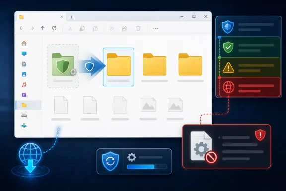 Diagram showing file transfer workflow between folders with security and error alerts in a UI.