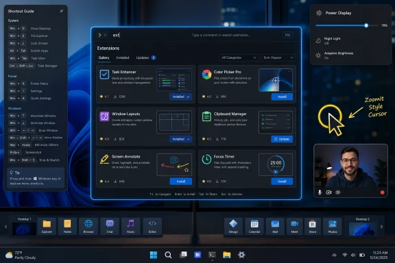 Windows desktop showing an extensions marketplace with app install buttons and power display controls.