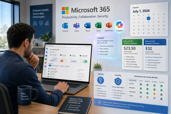 Office worker using a laptop with Microsoft 365 and Copilot security, pricing, and calendar visuals displayed.