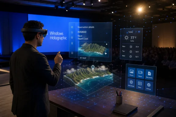 Man using a holographic display showing Windows maps, reservation details, and weather in a conference setting.