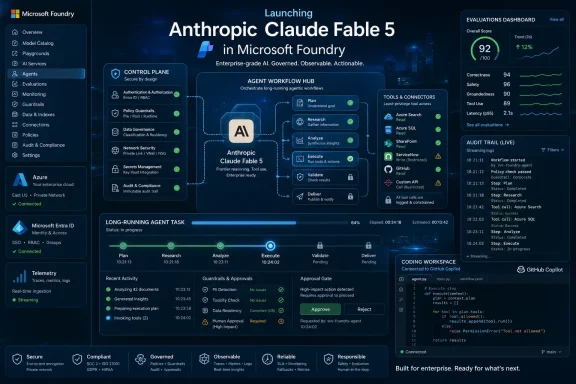 Dashboard graphic for launching Anthropic Claude Fable 5 in Microsoft Foundry with workflow and evaluation metrics. Dashboard graphic for launching Anthropic Claude Fable 5 in Microsoft Foundry with workflow and evaluation metrics.