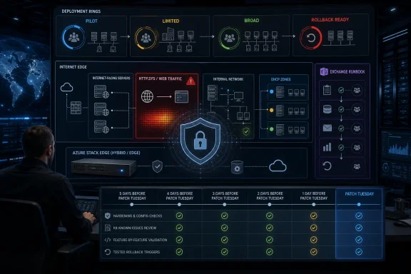 Security operations dashboard shows deployment stages, edge network layout, and scheduled patching readiness.