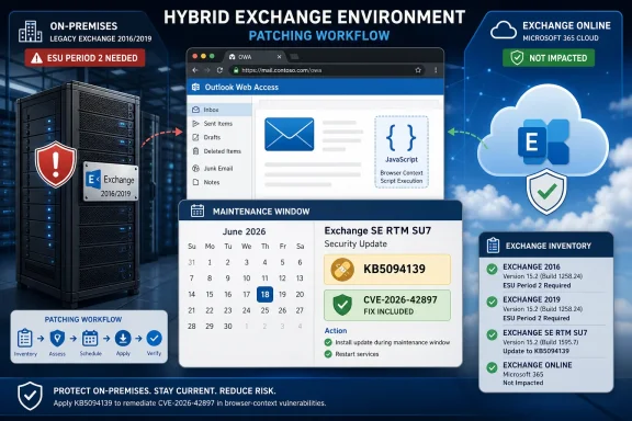 Hybrid Exchange patching workflow for on-premises and Microsoft 365, showing maintenance window and verified security update.