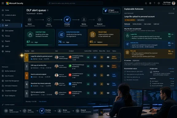 Microsoft Security DLP alert dashboard showing an explainable rationale for a large personal account file upload.