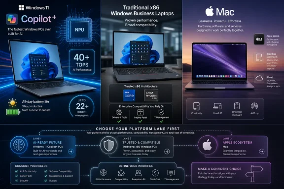 Promotional banner comparing Windows 11, x86 laptops, and Mac with AI performance and ecosystem features.