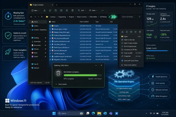 Windows 11 UI showing File Explorer deleting 1,842 items with “2.4x faster” optimization graphics.