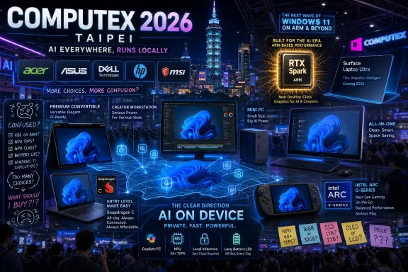 Computex 2026 Taipei AI-on-device promo wall with laptops, devices, and branding like RTX Spark ARM.