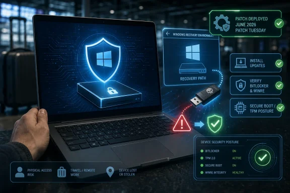Hand holds a laptop showing a secure Windows patch-deployment interface with TPM, BitLocker, and recovery indicators.
