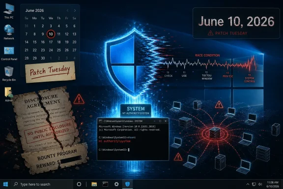 Windows desktop-themed graphic showing Patch Tuesday June 10, 2026 with system/security alerts and race-condition warning.