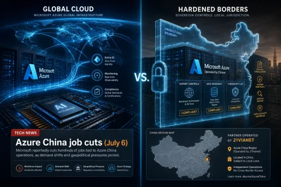 Split graphic comparing Microsoft Azure global cloud with hardened, sovereign “China” borders and compliance policies. Split graphic comparing Microsoft Azure global cloud with hardened, sovereign “China” borders and compliance policies.