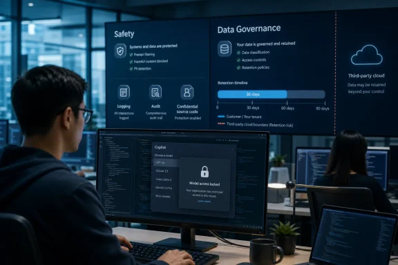Office team reviews a cybersecurity dashboard showing data governance, safety, and retention policies on screens.