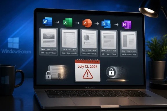 Laptop screen shows Office app conversion icons, a security lock, and a calendar warning dated July 13, 2026.