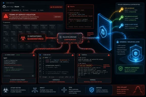 Cybersecurity dashboard shows GitHub “terms of service violation,” quarantined repositories, and intercepted stolen credentials. Cybersecurity dashboard shows GitHub “terms of service violation,” quarantined repositories, and intercepted stolen credentials.