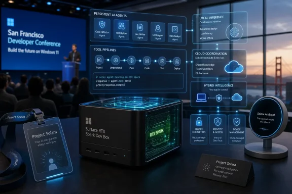 Tech conference display showing AI agents, local inference, and cloud coordination around an RTX Spark Dev Box.