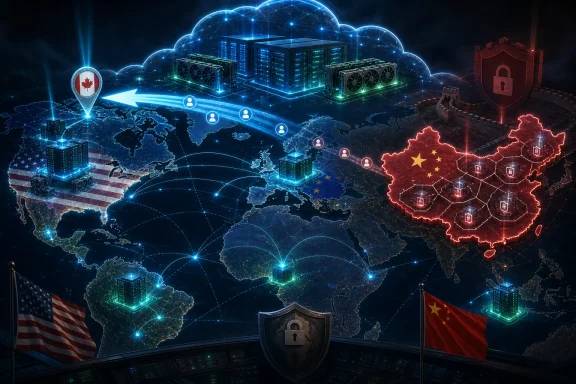 Digital global network map with data centers, secure connections, and national flags, contrasting Canada/US with China. Digital global network map with data centers, secure connections, and national flags, contrasting Canada/US with China.