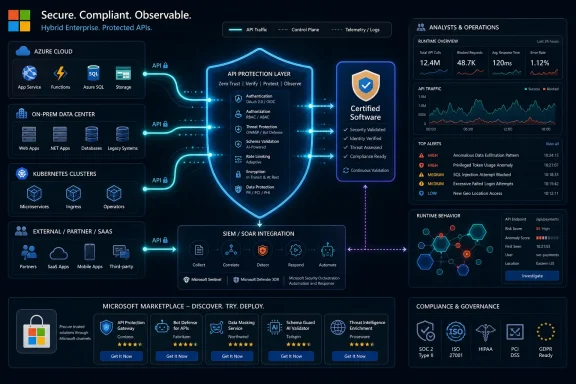 Dashboard showing Azure API security and compliance with traffic monitoring, protection layers, and alerts. Dashboard showing Azure API security and compliance with traffic monitoring, protection layers, and alerts.