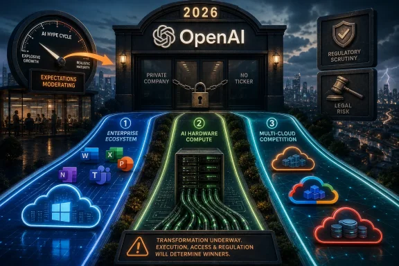 Futuristic 2026 “OpenAI” gate diagram with AI hardware, cloud competition, and regulatory legal risk signs.