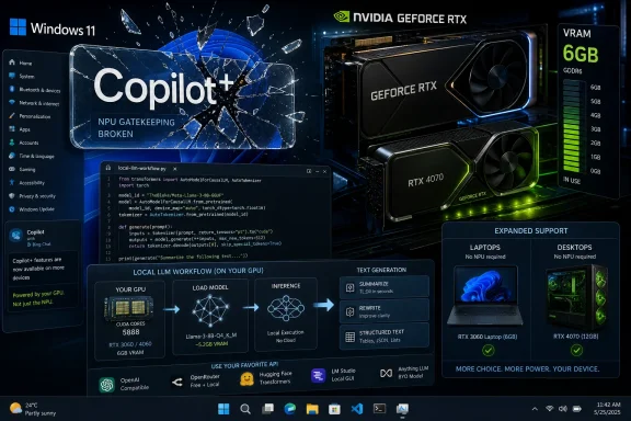 Promotional Windows 11 desktop graphic showing NVIDIA GeForce RTX 4070 with Copilot+ and local LLM workflow UI.