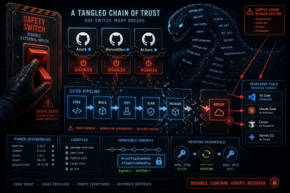 Cybersecurity infographic shows a “safety switch” locking a CI/CD pipeline amid a supply-chain attack warning.