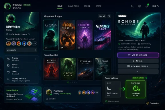 Gaming dashboard UI showing game library, “Echoes of the Void,” and power options in a futuristic dark theme.