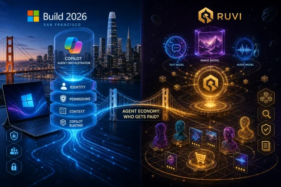 Split-screen tech graphic for Build 2026 San Francisco, showing Copilot agent stack and AI image/audio models.