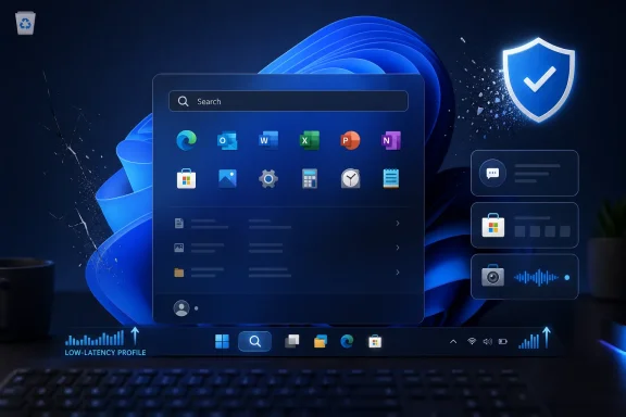Blue Windows-style interface on a dark desktop background with icons and a shield security checkmark.