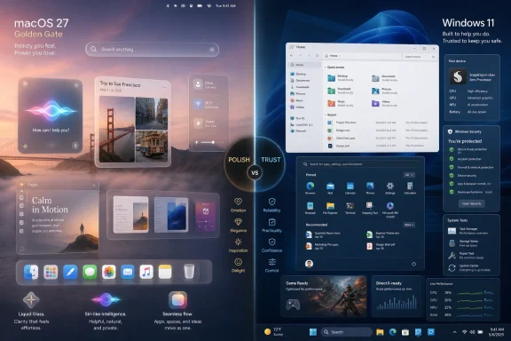 Split-screen mockups of macOS 27 and Windows 11 featuring app widgets, settings, and security panels.