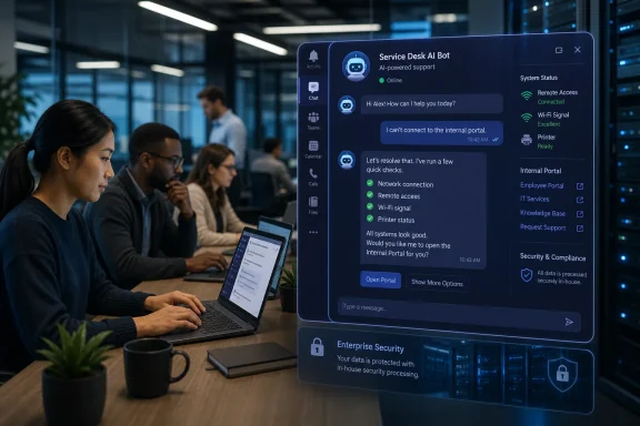 Office workers use a laptop while a “Service Desk AI Bot” support interface displays system status and portal options.