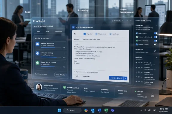 Office workers review an AI assistant dashboard drafting a follow-up email with governance and security controls.