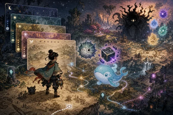 Fantasy game scene with a girl viewing glowing maps while battling cute monsters in a ruined city at dusk.