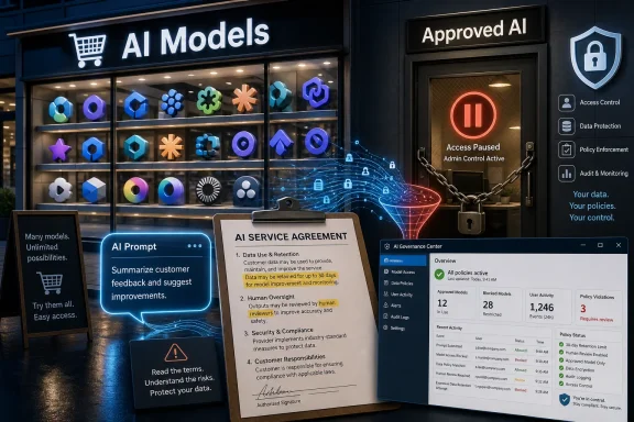 Futuristic storefront window shows “AI Models” and “Approved AI” with service agreement and governance dashboard.
