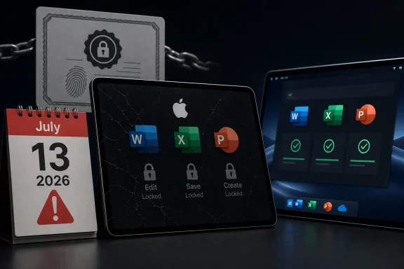 Tablets and calendar showing locked Microsoft Word, Excel, and PowerPoint files with security alerts.