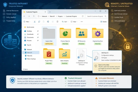 Windows file explorer shows trusted vs untrusted folders with security context alerts. Windows file explorer shows trusted vs untrusted folders with security context alerts.