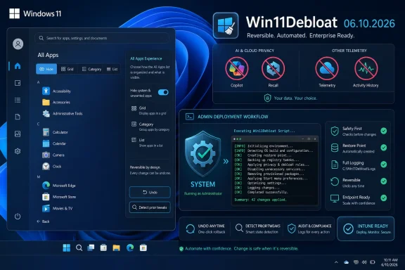 Windows 11 desktop showing the Win11DeBloat admin deployment interface with reversible system tweaks.