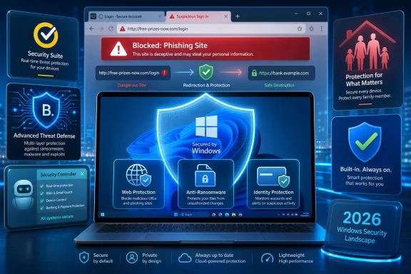 Cybersecurity dashboard shows Windows protection blocking a suspicious phishing login attempt.