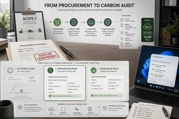 Diagram and documents on a desk show how procurement data becomes a Scope 3 carbon audit summary with emissions estimates.