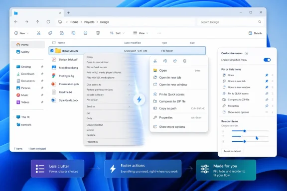 Windows File Explorer open with a context menu and “Customize menu” settings panel on a desktop background.