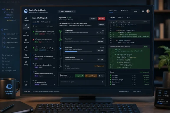 Screenshot of a Copilot-style control center managing agent runs, code changes, and CI checks.